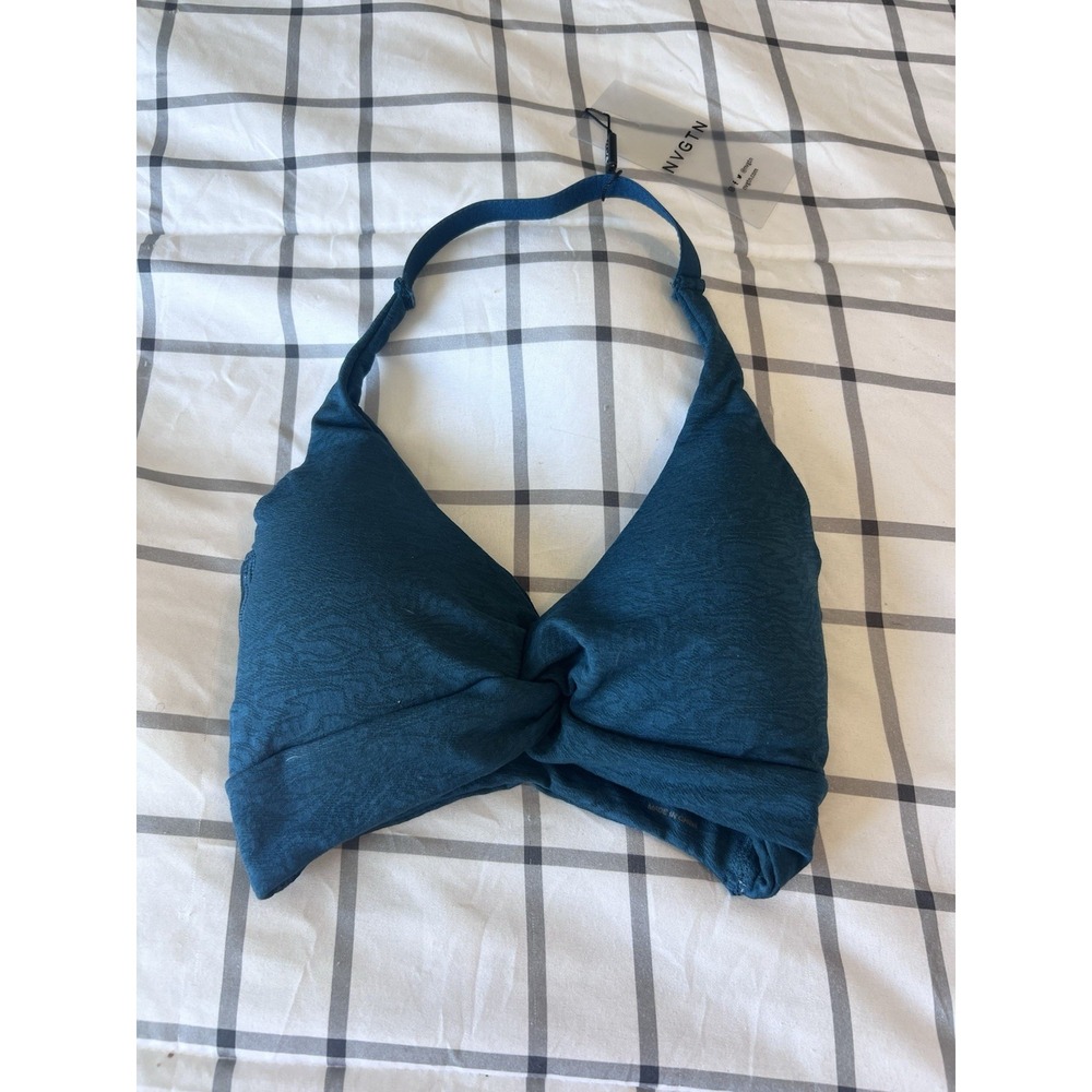 New NVGTN  Twisted Front Halter Bra Seamless Textured Teal Green Sz S NWT